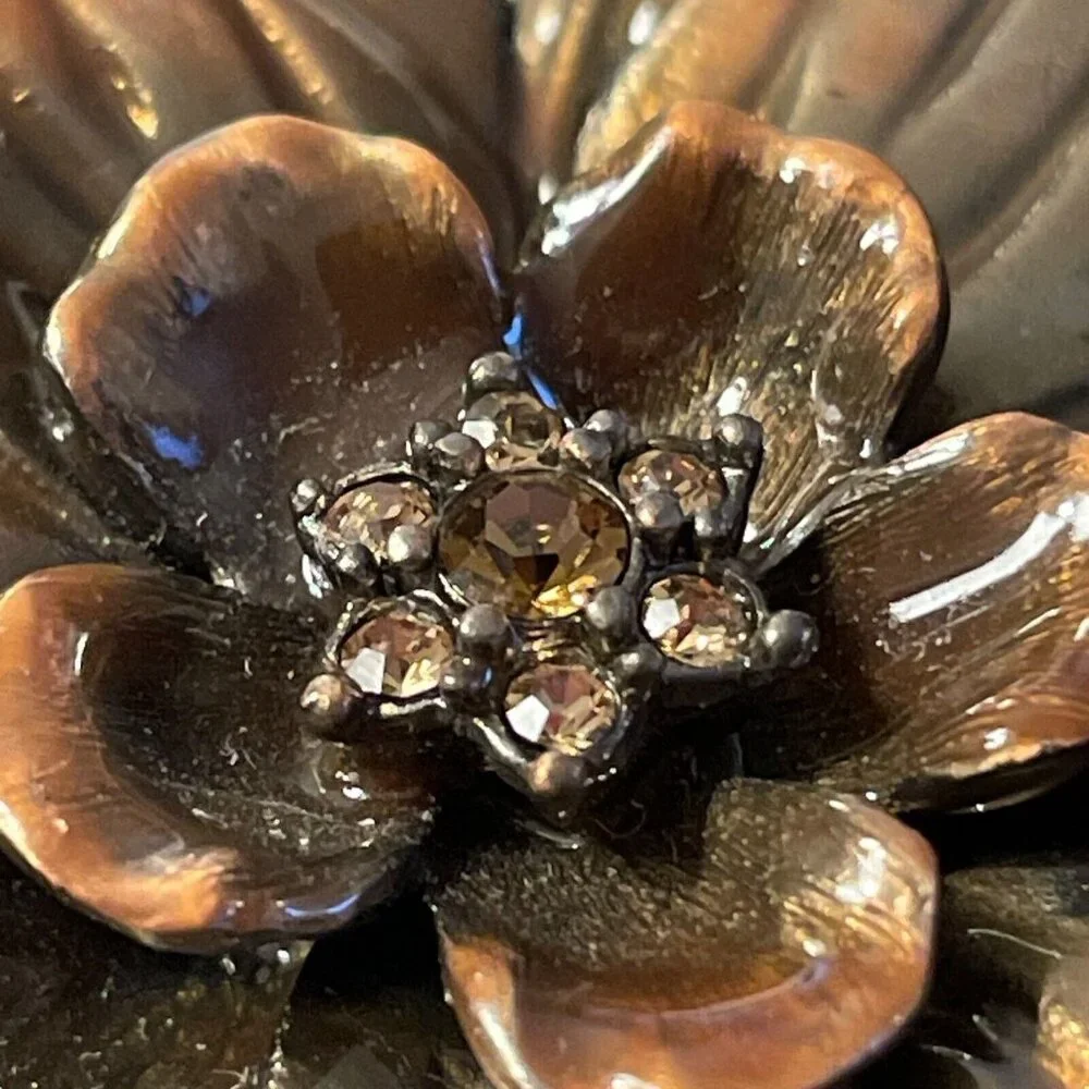 VTG Erwin Pearl Rhinestone Layered Petal‎ Flower Copper Color Enamel Brooch Pin